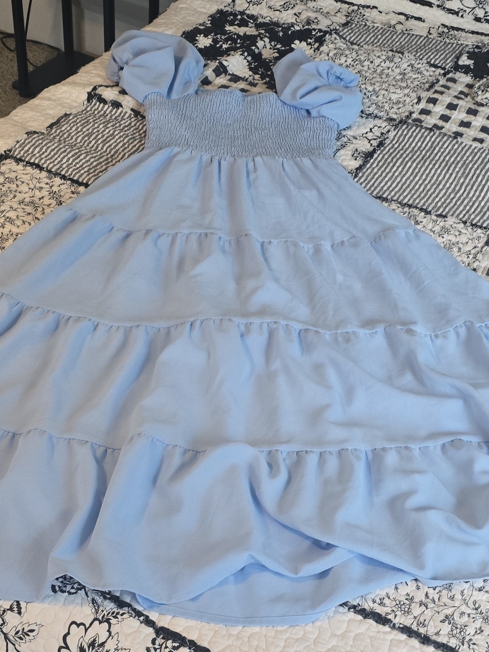 Light Blue Smocked Bodice Tiered Midi Dress